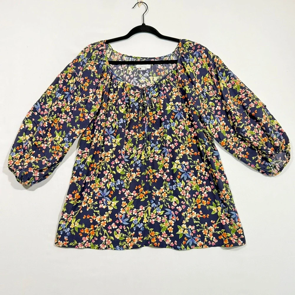Jade Johnny Was Blouse S Womens Navy Silk Floral Tiered Sleeve Boho Whimsigoth